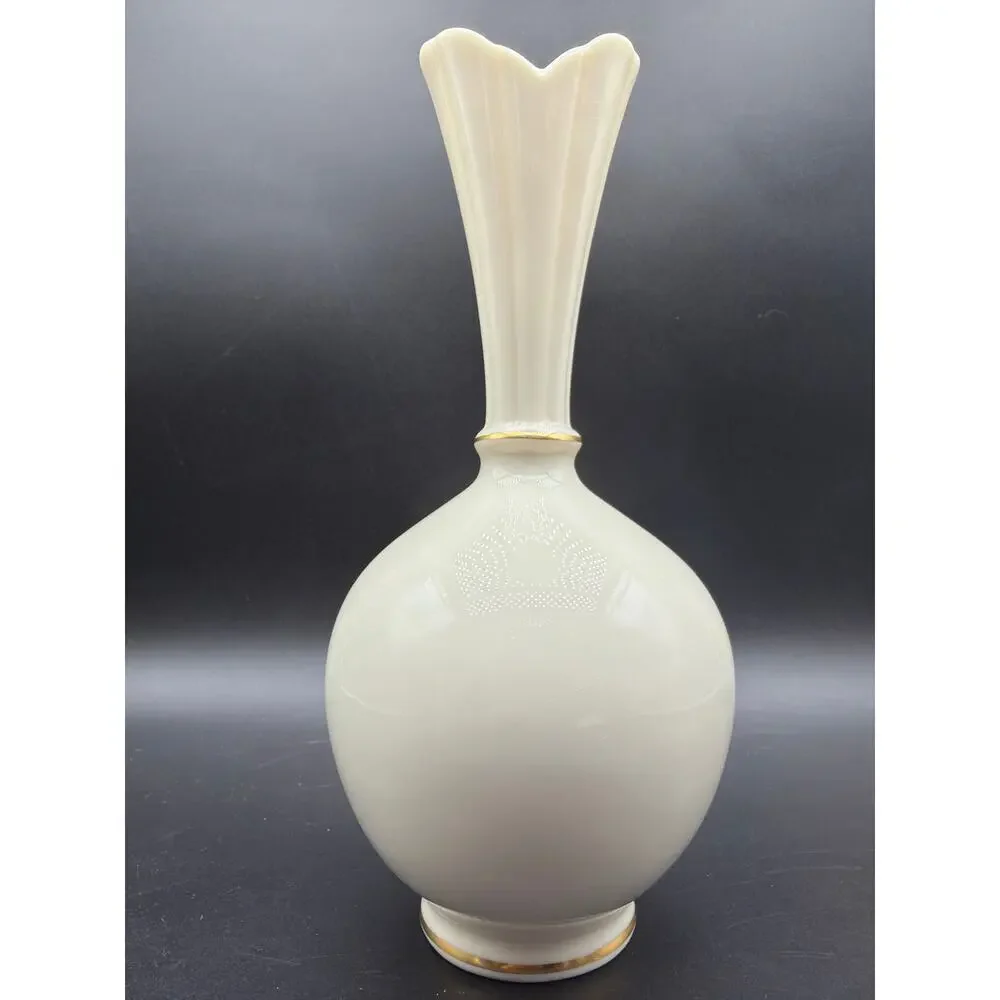 Vintage Lenox Cream Fine China Bud Vase 8” Gold Trim Made in USA Fluted Neck